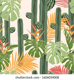 Seamless pattern vector summer cactus on desert mix with beautiful blooming heliconia flower and palm leaves for fashion fabric and all prints on light beige sand background.