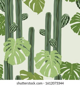Seamless pattern vector summer cactus on desert mix with beautiful palm leaves for fashion fabric and all prints on light green background.