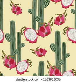 Seamless pattern vector summer cactus with dragon fruits on desert, mix for fashion fabric and all prints on white background.