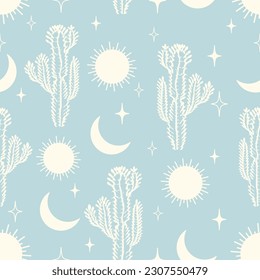 Seamless pattern vector summer cactus on desert with heavenly elements.