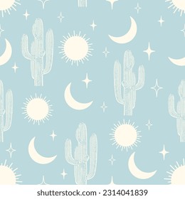 Seamless pattern vector summer cactus on desert with heavenly elements