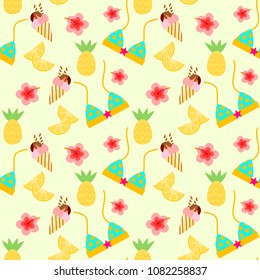 Seamless pattern vector of summer object including ice cream, bikini and summer fruits.