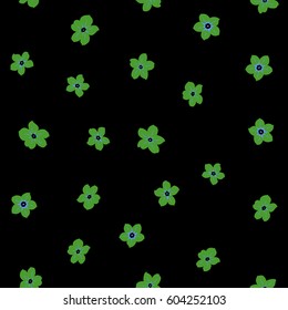 Seamless pattern vector summer print in green and blue colors. Small flowers on a black background for fabric design, dress, wallpaper and paper.