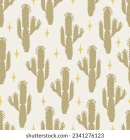Seamless pattern vector summer saguaro cactus on desert with stars