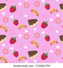 seamless pattern vector of sweet baked dessert on pink background (strawberries, cake, croissant