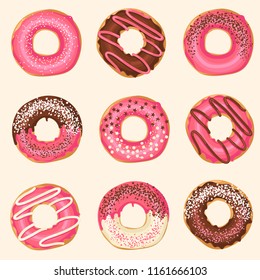 Seamless pattern with Vector Sweet pink glazed donuts with chocolate and powder. Food design. Background for wallpaper, web page, surface textures, textile