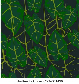 seamless pattern vector of taro leaves and twigs on black background