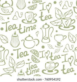 Seamless pattern with vector tea elements and words. On white background. Situable for wallpaper, wrapping or textile