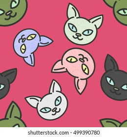 Seamless pattern. Vector texture. Cat. Green,black, pink, blue, grey, pink, magenta colors. Abstract background. Wallpaper. Paper textured cats. 