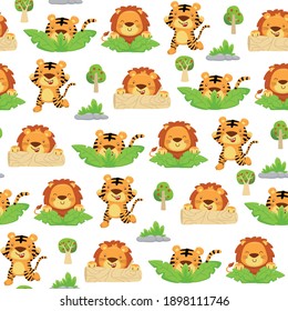 Seamless pattern vector of tiger and lion cartoon playing hide and seek
