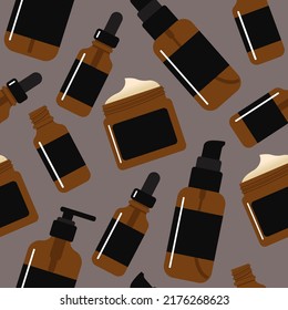 Seamless pattern Vector Tinted Brown Glass or Plastic Jar, Pump Bottle, Dropper Bottle Package for cosmetic. Minimalist design. Flat illustration isolated on background