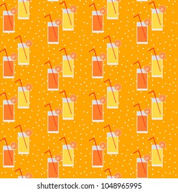 Seamless pattern vector of tiny summer drink, orange juice, on vivid color background. 