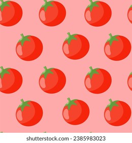 Seamless pattern of vector tomatoes Flat tomatoes on red background, red color, for fabric, paper, wallpaper, covers, interior decoration and other uses. Vegetables vector illustration