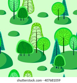 Seamless pattern with vector trees. Green, dark green, yellow, light green, light green background.