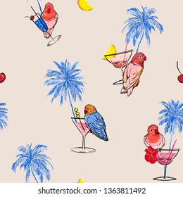 Seamless pattern vector Trendy colorful tropical vacation mood in hand drawn palm trees ,parrots birds,cocktail and summer fruits on light grey background color