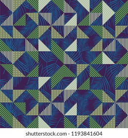 Seamless pattern vector with triangle geometric abstract blue and green in palm leaves background. Tropical trendy fashion theme ready for print.