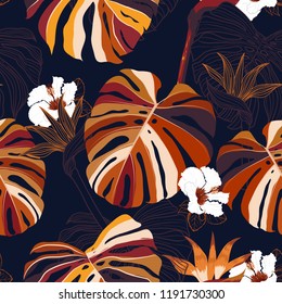Seamless pattern vector tropical floral . Modern exotic dark jungle and plants illustration in hand drawn style design for fashion,fabric,wallpaper and all prints on navy blue background 