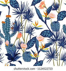 Seamless Pattern Vector Tropical ,flower,bird Of Paradise And Cactus Forest ,hand Drawing Style For Fashion,fabric And All Prints On White Background.