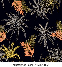 Seamless pattern vector Tropical jungle palm leaves, trees  floral pattern design for fashion ,fabric wallpaper and all prints on black background color