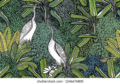 Seamless Pattern Vector Tropical Jungle Exotic Wild Life Egret Birds Love Couple in Tropics Forest Banana Trees Green Leaves Background 