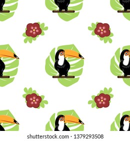 seamless pattern vector tropical Toucan bird exotic natural flowers plants hibiscus and monstera leaves, summer,a Botanical floral bright design, the nature of the jungle