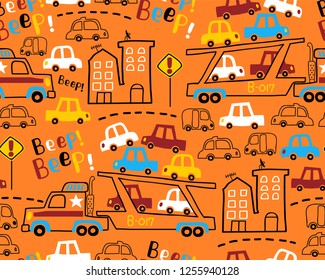 Seamless pattern vector of truck cars carrier cartoon, buildings, traffic signs