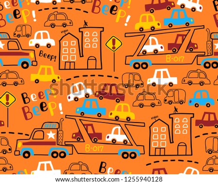 Seamless pattern vector of truck cars carrier cartoon, buildings, traffic signs