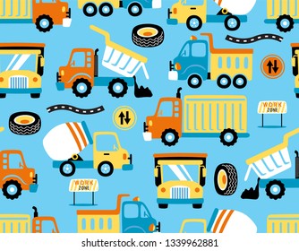 Seamless pattern vector of trucks cartoon with traffic signs. Traffic element illustration