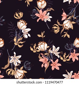 Seamless pattern vector with tulips flowers. Hand drawing illustration with wild floral for fashion , fabric, and all prints on dark purple background colors.