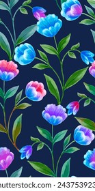 Seamless pattern vector with tulips flowers. Hand drawing illustration with wild floral for fashion , fabric, and all prints on dark purple background colors. Wild flowers pattern on dark bachground.