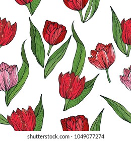 Seamless pattern with vector tulips.Flowers for your design. Red tulips flowers on white background.