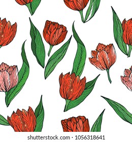 Seamless pattern with vector tulips.Flowers for your design. Red tulips flowers on white background.