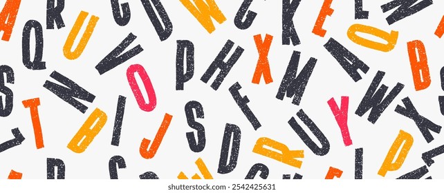 Seamless pattern vector typography, grunge color letters. Bold brush drawn alphabet seamless vector background. Vector hand lettering sketch font pattern. Typography, lettering in punk, grunge style.