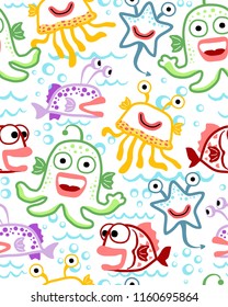 Seamless pattern vector with underwater doodle monsters cartoon