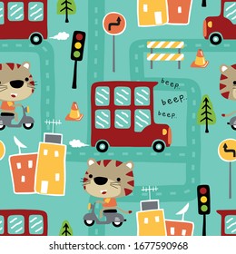 seamless pattern vector of urban transportations with cute tiger on scooter, cityscape elements cartoon