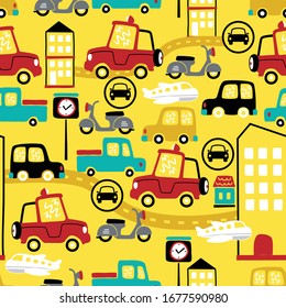 seamless pattern vector of urban vehicles cartoon, city traffic elements illustration