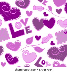 Seamless pattern vector Valentine background with abstract hearts, flower, letter and love text. Design maked in purple, violet and pink colors over a white backdrop. Vector illustration.