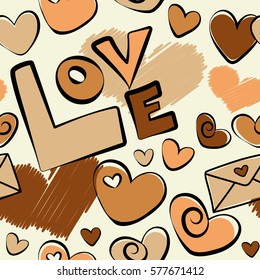 Seamless pattern vector Valentine background with abstract hearts, letter and love text. Design maked in yellow and orange colors. Vector illustration.