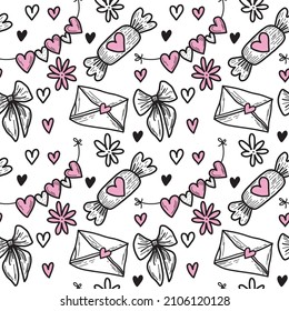 Seamless pattern in vector for valentine's day. Illustration on an isolated white background hearts, bow, flower, envelope, candy
