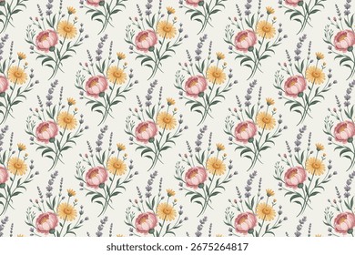 Seamless Pattern Vector of Various Floral and Botanical Elements in Pastel Colors