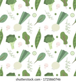 Seamless pattern with vector vegetables on a white background.Vegetable ornament for home textiles, food packaging, packaging for fresh and frozen vegetables.