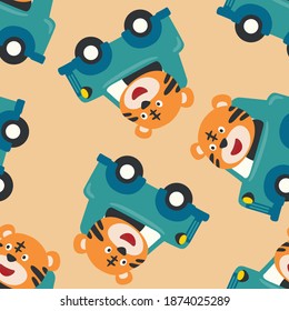 Vector de patrón sin foco de dibujos animados de vehículos con animales divertidos. Fondo infantil vectorial creativo para tela, textil, papel tapiz de vivero, tarjeta, afiche y otra decoración.
