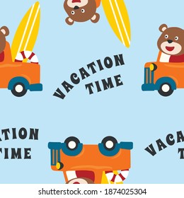 Seamless pattern vector of vehicle cartoon with funny animal. Creative vector childish background for fabric, textile, nursery wallpaper, card, poster and other decoration.