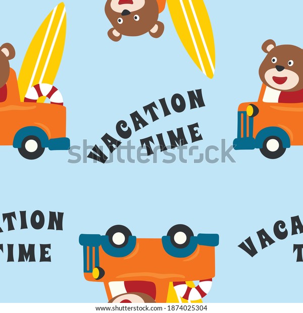 Seamless pattern\
vector of vehicle cartoon with funny animal. Creative vector\
childish background for fabric, textile, nursery wallpaper, card,\
poster and other\
decoration.