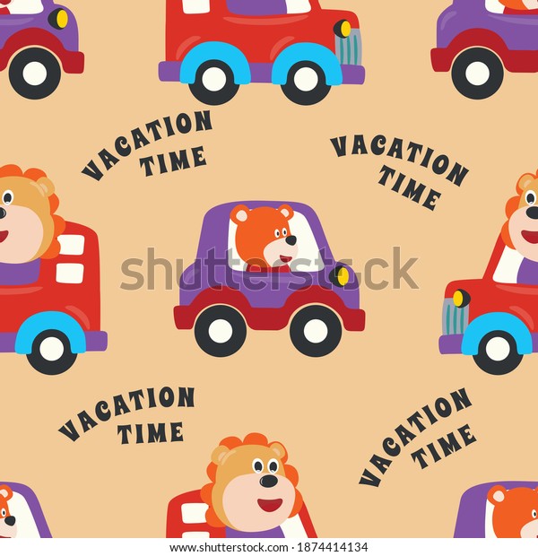 Seamless pattern\
vector of vehicle cartoon with funny animal. Creative vector\
childish background for fabric, textile, nursery wallpaper, card,\
poster and other\
decoration.