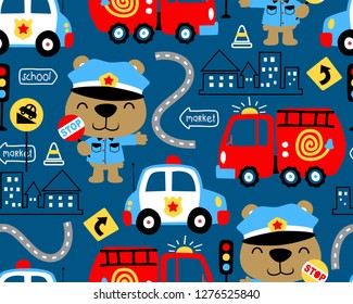 seamless pattern vector of vehicles cartoon with funny bear in police costume