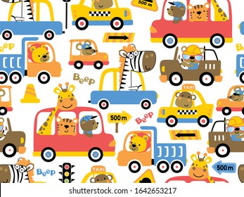 seamless pattern vector of vehicles cartoon with funny animals driver