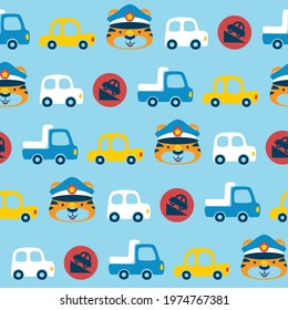 Seamless pattern vector of vehicles cartoon with funny tiger cop