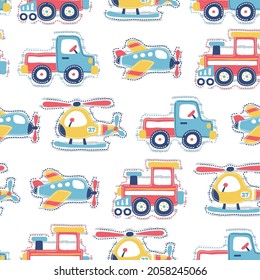 Caricatura del vector de patrones de vehículos sin inconvenientes. Tren de vapor, avión, camión y helicóptero