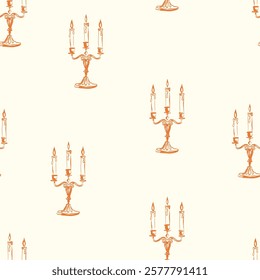 Seamless pattern vector. Vintage candlestick. Antique candelabra in old retro style. Ancient candle holders, fire light decoration. 